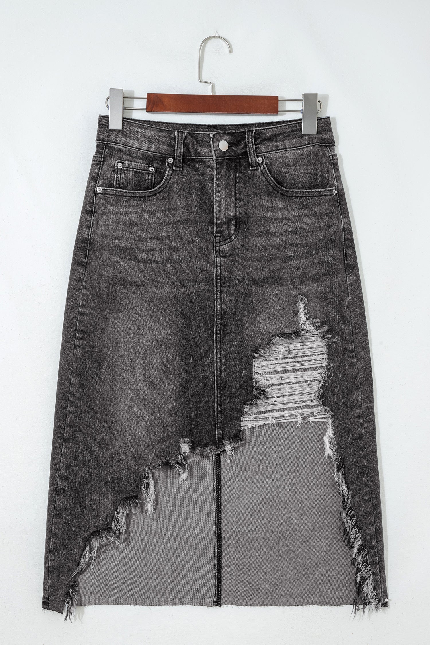 Irregular Distressed Bottom Denim Midi Skirt