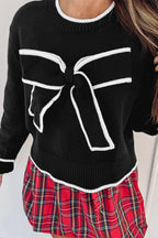 Fiery Red Contrast Trim Big Bow Accent Holiday Cropped Sweater