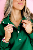 Blackish Green Embroidered Scallop Trim Half Button Pullover Casual Shorts Set