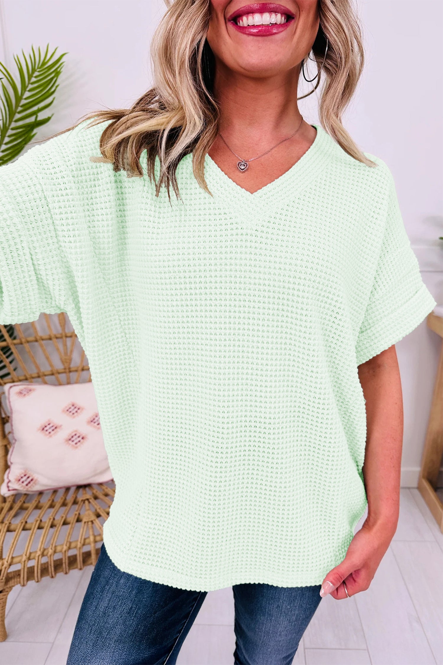 Clearly Aqua Waffle V Neck Short Sleeve Knit Top