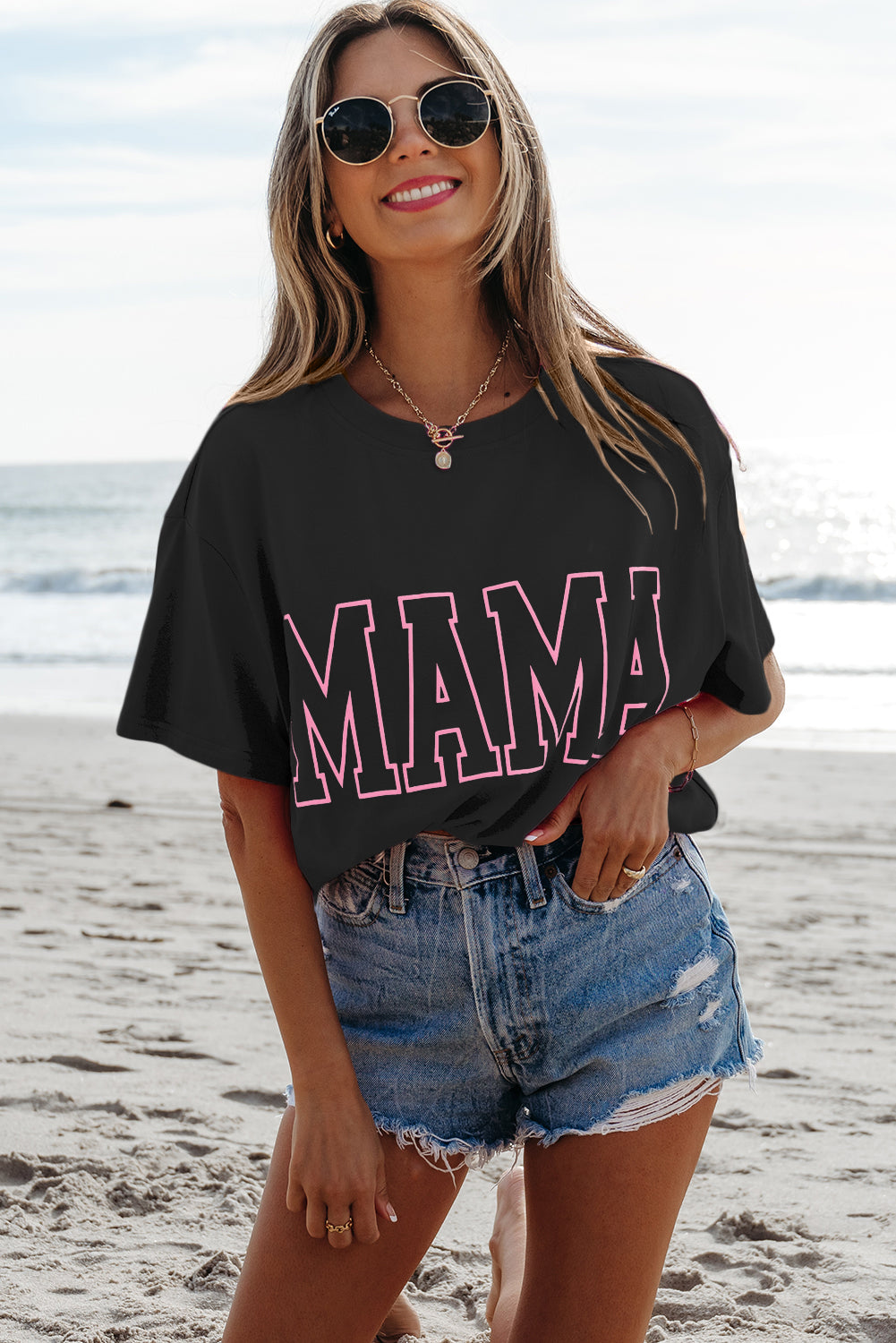 Light Blue MAMA Letter Graphic Neon T Shirt