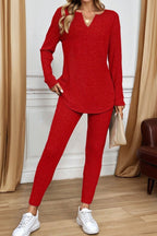 Ribbed Notched Neck Knit Long Sleeve Leggings Two Pieces Lounge Set