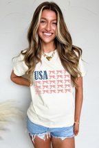 White USA Flag Bow Knot Print Round Neck T Shirt