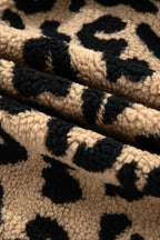 Khaki Leopard Sherpa Button Front Collared Plus Size Vest Jacket