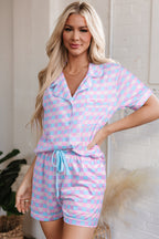 Purple Checkered Pattern Short Sleeve Pyjamas Set