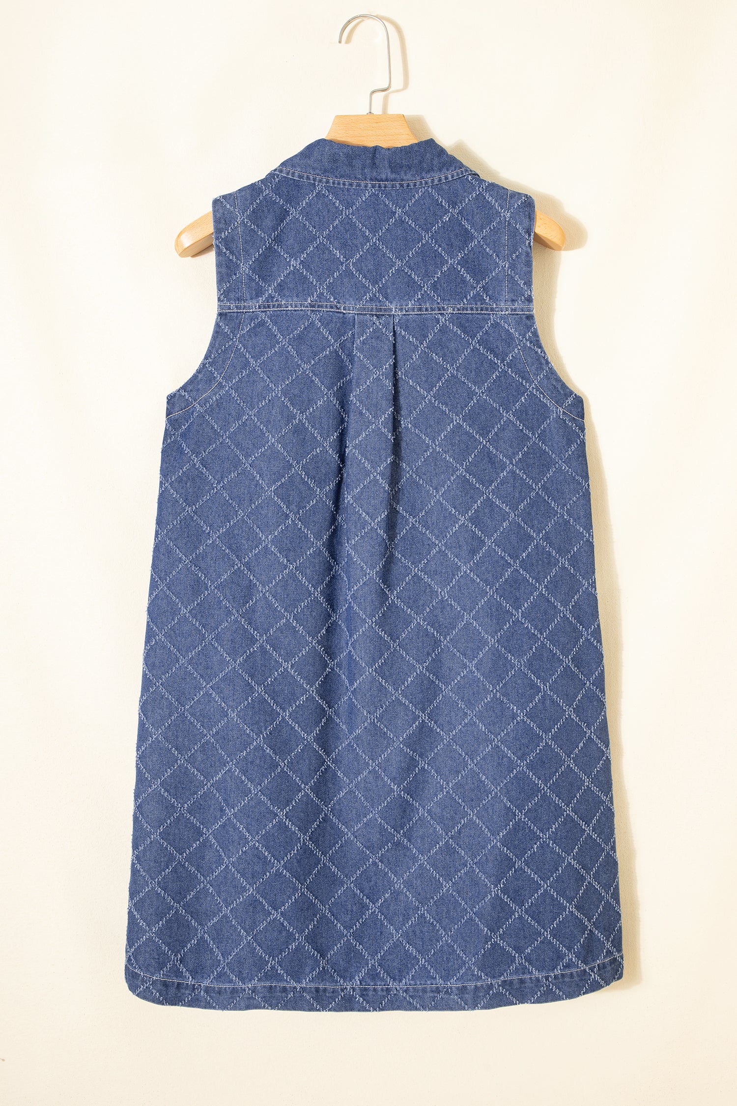Sail Blue Rhombus Textured Collar Buttoned V Neck Denim Sleeveless Mini Dress