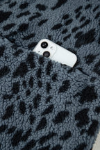 Blue Cow Print Buttoned Stand Collar Fleece Jacket
