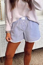 Sky Blue Gingham Plaid Button Detail Lace Trim Boxer Shorts