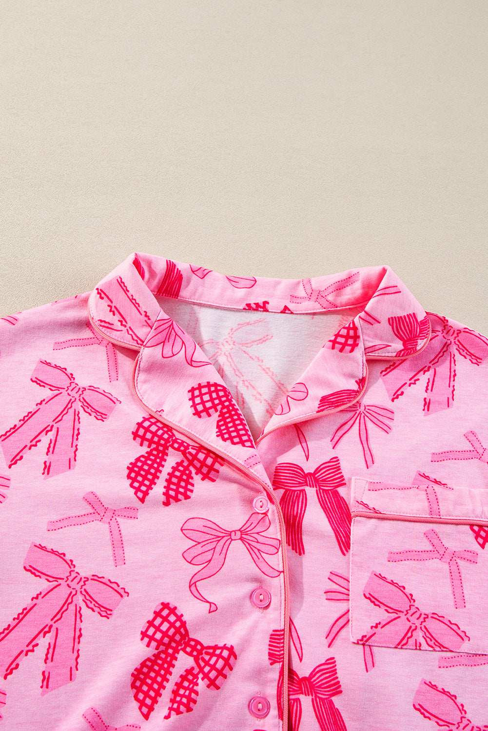 Pink Bow Knot Print Lapel Collar Short Sleeve and Pants Pyjamas Set