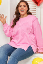 Pink Big Bow Lace Embroidered Dolman Sleeve Slit Plus Size Sweatshirt