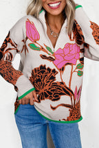 Khaki Floral Pattern Knit Quarter Zip Stand Neck Sweater