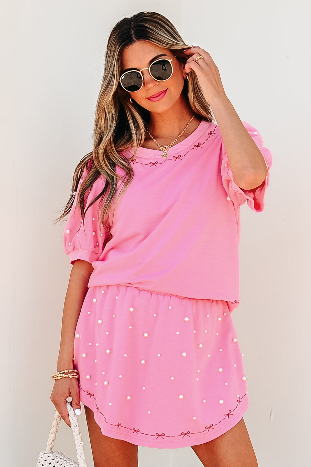 Pink Contrast Bow Trim Pearl Puff Sleeve Blouse and Skort 2pcs Set