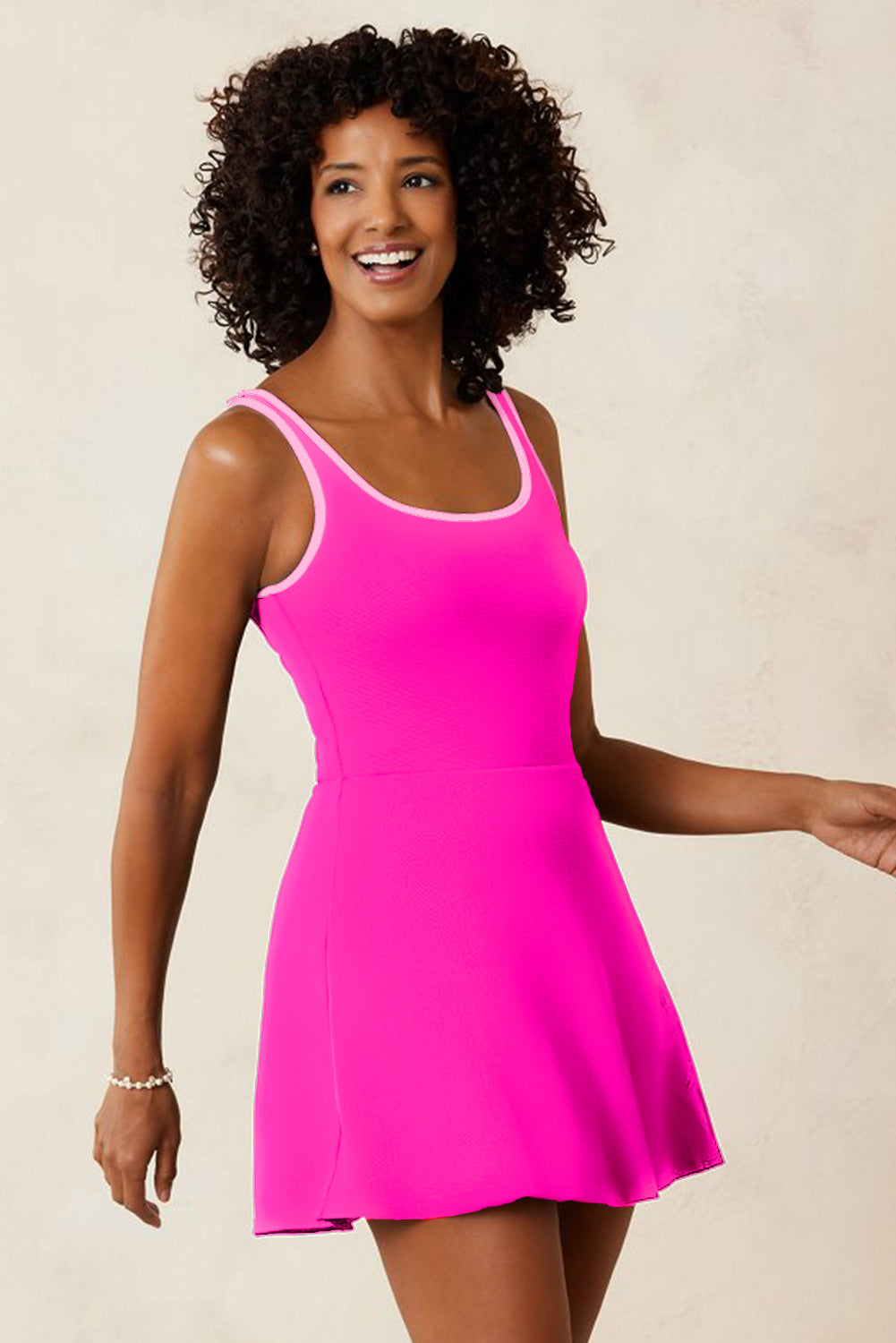 Rose Red Contrast Trim Neckline Active Shorts Attached One Piece Swim Dress