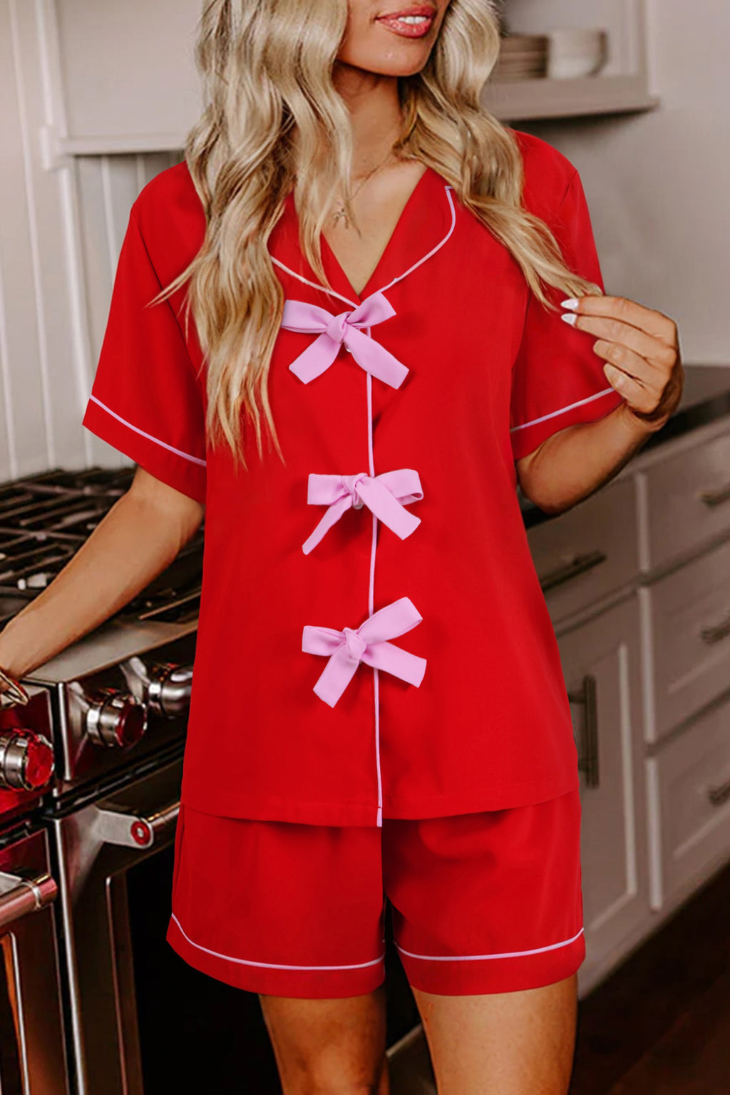Fiery Red Contrast Trim Ribbon Bow Short Silky 2pcs Pyjama Set