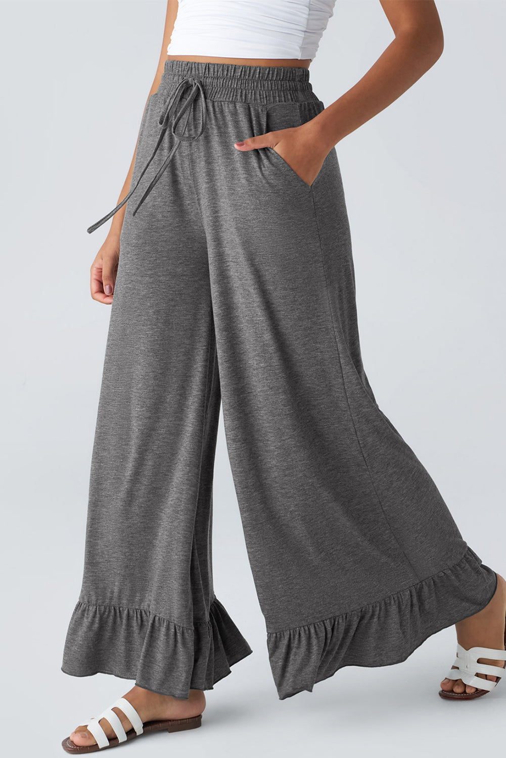 Medium Grey Ruffled Wide Leg Pull On High Waist Pants with Pockets
