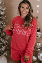 Racing Red MERRY Ribbed Knit Long Sleeve Lace-up Waist Plus Size Set