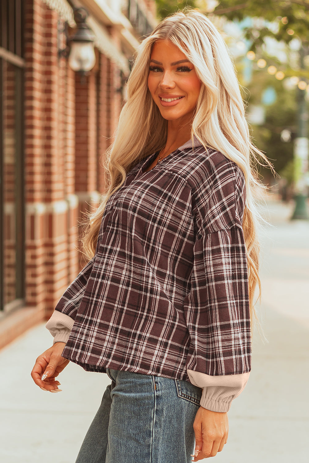 Plaid Patchwork Long Sleeve Button Hooded Blouse