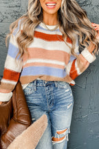 Pink Striped Colorblock Round Neck Drop Shoulder Sweater