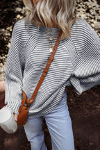 Coffee Striped Print Ribbed Knit Boat Neck Baggy Sweater