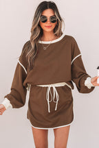 Black Color Contrast Loose Pullover and Lace-up Waist Skort Set