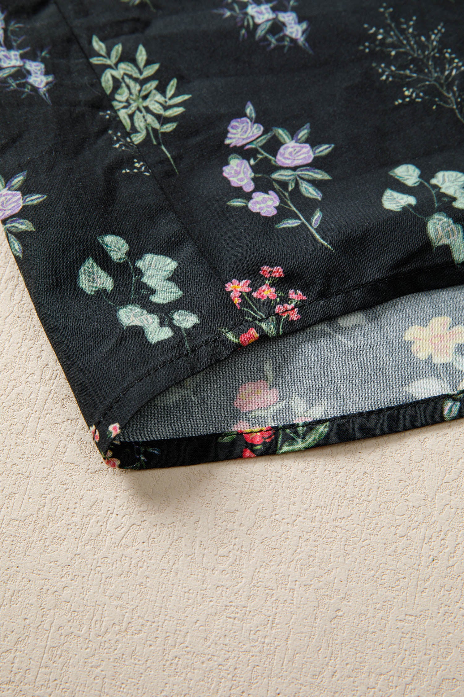 Black Contrast Frilled Trim Short Sleeve Floral Shirt