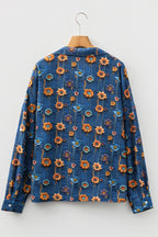 Blue Floral Collared V Neck Roll up Sleeve Shift Blouse