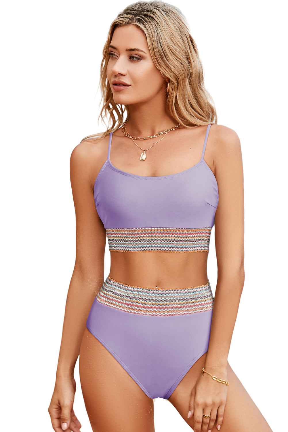 Striped Patchwork Spaghetti Strap High Waist Bikini Swimsuit