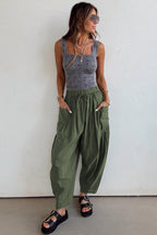 Drawstring Elastic Waist Patch Pocket Barrel Leg Casual Pants