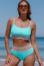 Striped Patchwork Spaghetti Strap High Waist Bikini Swimsuit