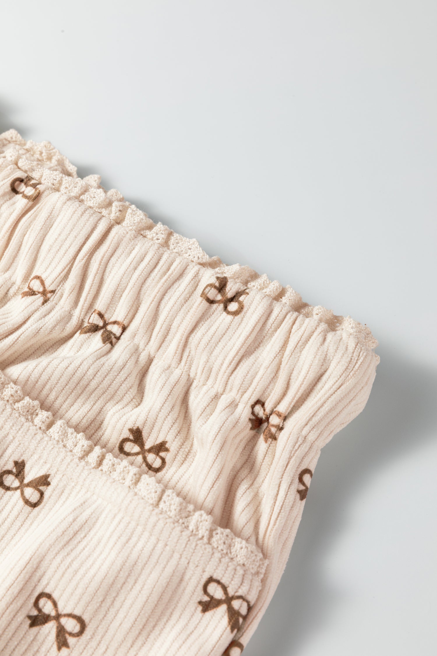 Apricot Bow Print Drawstring Elastic Waist Loose Corduroy Pants