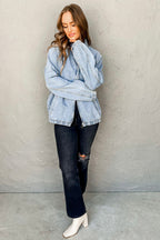Myosotis Elastic Edge Collared Zip Up Denim Jacket With Pocket