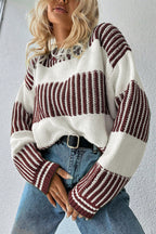 Khaki Two Tone Striped Patchwork Drop Shoulder Loose Sweater