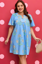 Sky Blue Plus Periwinkle Floral Printed Short Sleeve Striped Trim Split Neck Mini Dress
