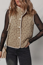 Khaki Floral Print Quilted Concealed Button Vest
