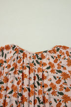 Black Floral Deep V Neck Smocked Bust Bubble Sleeve Babydoll Dress