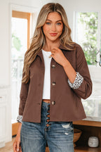 Dark Brown Collared Buttoned Leopard Liner Patchwork Chic Jacket