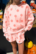 Polka Dot Print Drop Shoulder Pullover Drawstring Shorts Set