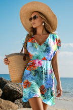 Sky Blue Tropical Print V Neck Semi Sheer Beach Cover Up Dress