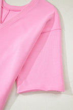Pink Solid Color Raw Edge Half Sleeve Pocketed Loose Romper