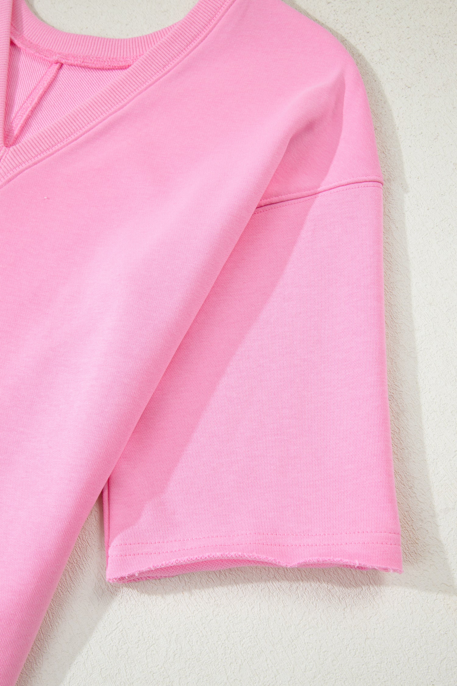 Pink Solid Color Raw Edge Half Sleeve Pocketed Loose Romper