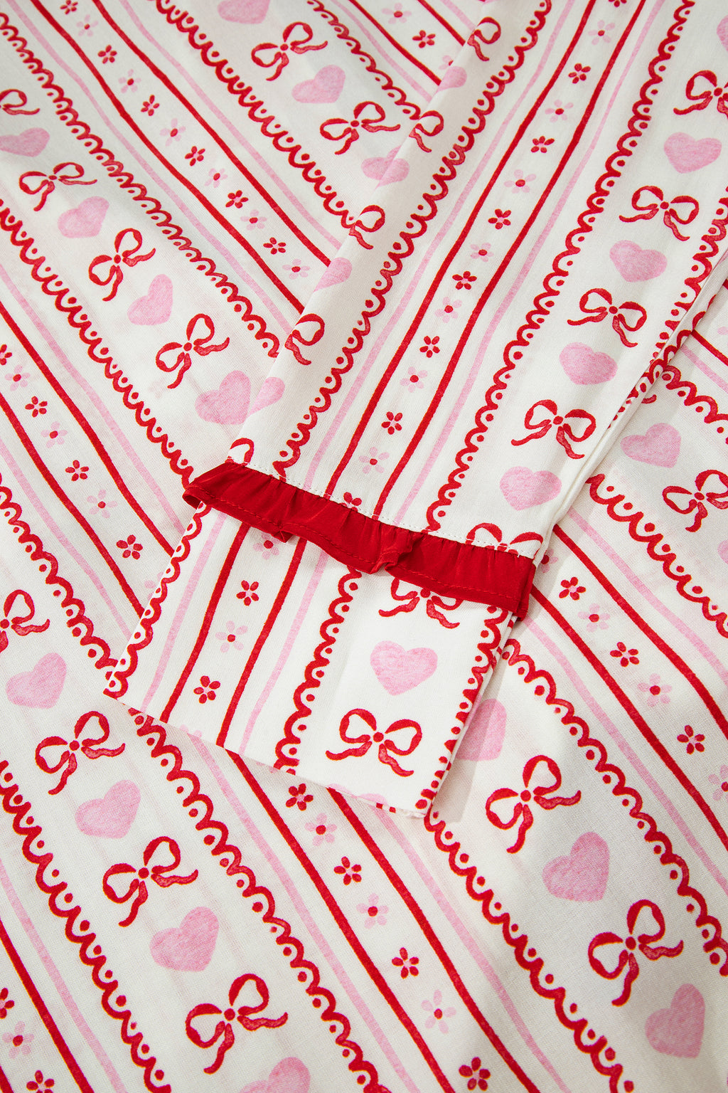 Red Sweet Floral Heart Bow Print Contrast Trim Long Sleeve Shirt Pyjama Short Set