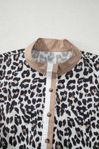 Multicolour Leopard Print Contrast Trim Button Split Neck Plus Long Sleeve Top
