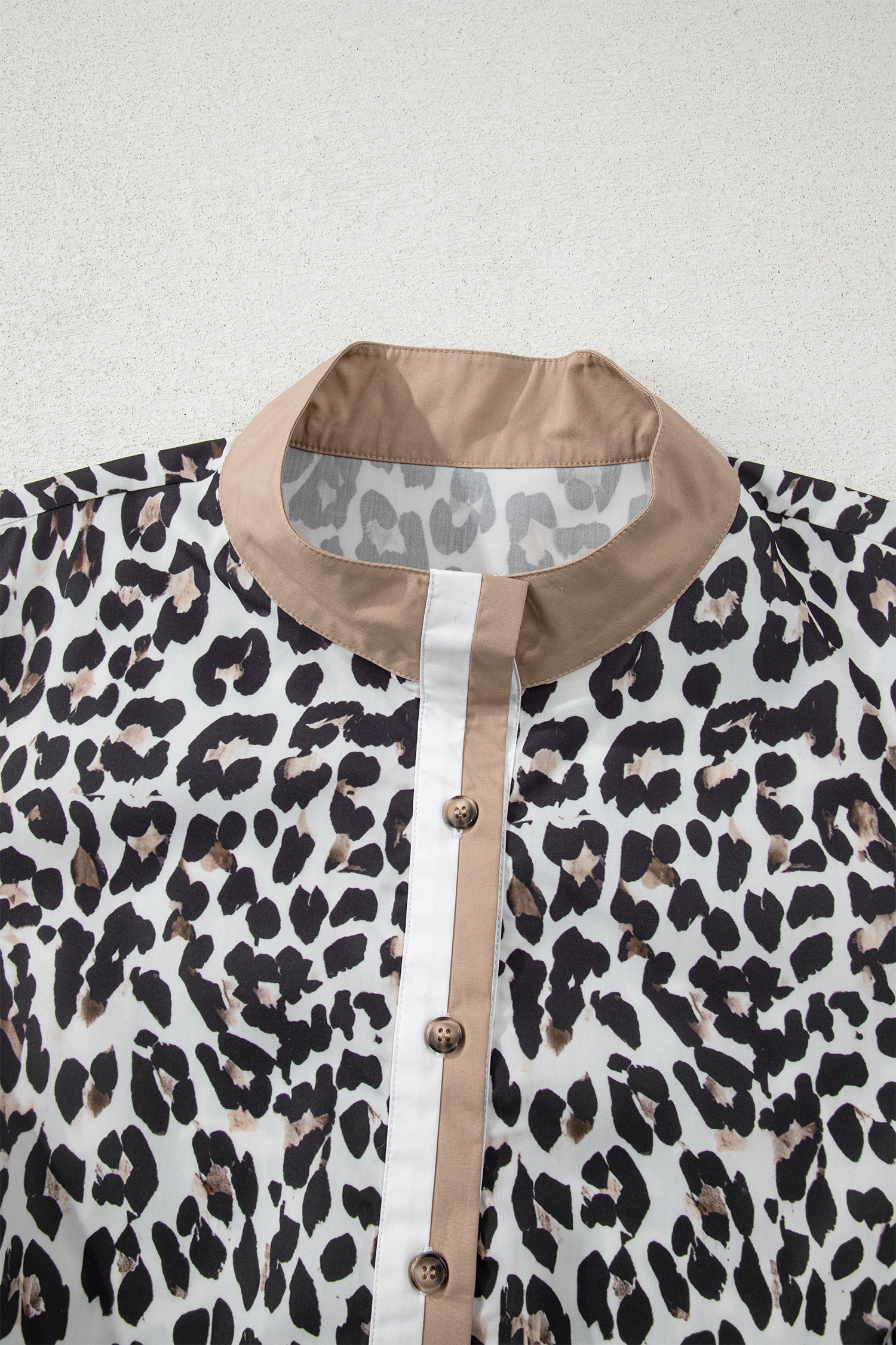 Multicolour Leopard Print Contrast Trim Button Split Neck Plus Long Sleeve Top