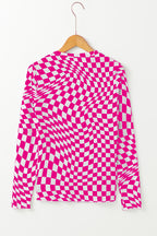 Checkered Pattern Mesh Mock Neck Long Sleeve Top