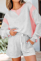 Light Grey Color Block Raw Hem Pullover and Casual Shorts Set