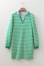 Green Striped Contrast Collar Split Neck Long Sleeve Mini Dress