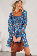 Blue Smocked Bodice High Waist Ruffled Sleeve Floral Dress