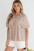 Brown Stripe Shirred V Neck Short Puff Sleeve Blouse