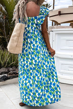 Floral Print Square Neck Ruffled Strap Maxi Dress