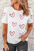 White Sequin Heart Sketch Graphic Womens Casual Tee